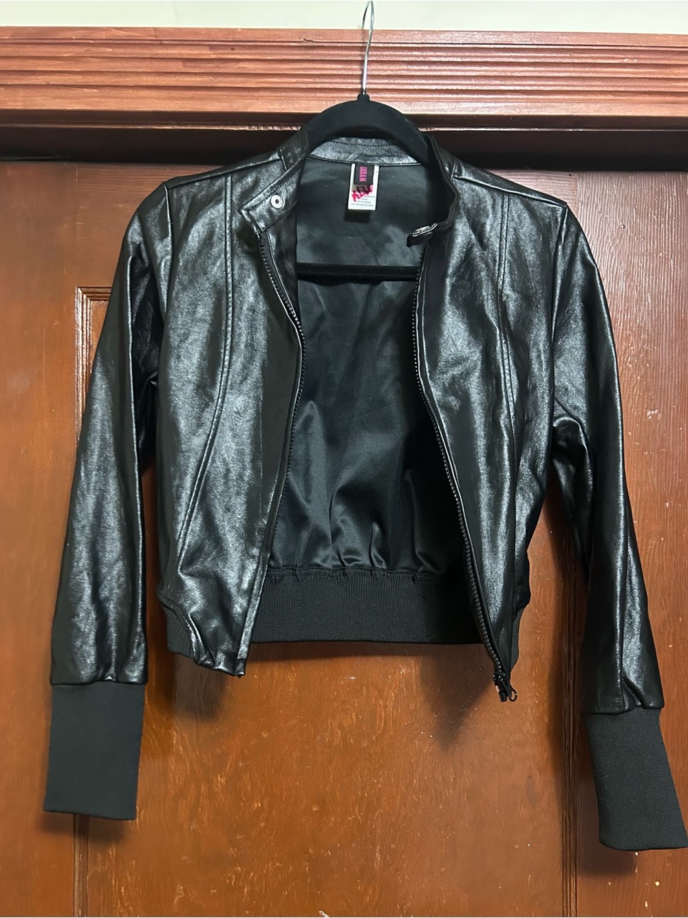 Girls' Black Faux Leather Bomber Jacket